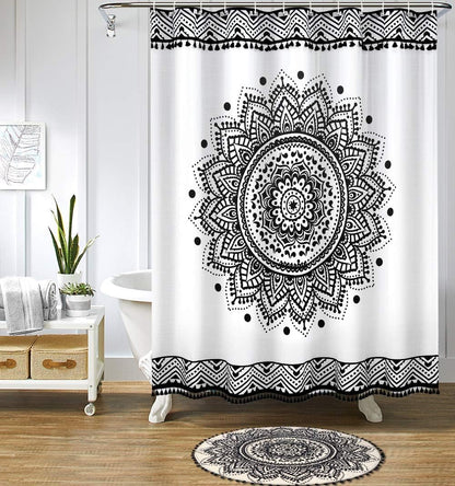 Small round Rug 2’ Boho Beige and Black Bathroom Rug with Pom Poms Fringe Washable Mandala Circle Shower Mat Soft Non-Slip Cute Circular Throw Rug for Sink Powder Room Kids Room Nursery