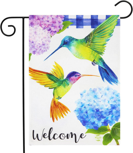 Hummingbirds and Hydrangeas Spring Burlap Garden Flag 12.5" X 18"