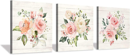 Floral Canvas Wall Art Print: Flower Bloom Picture Graphic Artwork Painting for Washrooms (12"X12"X3Pcs)