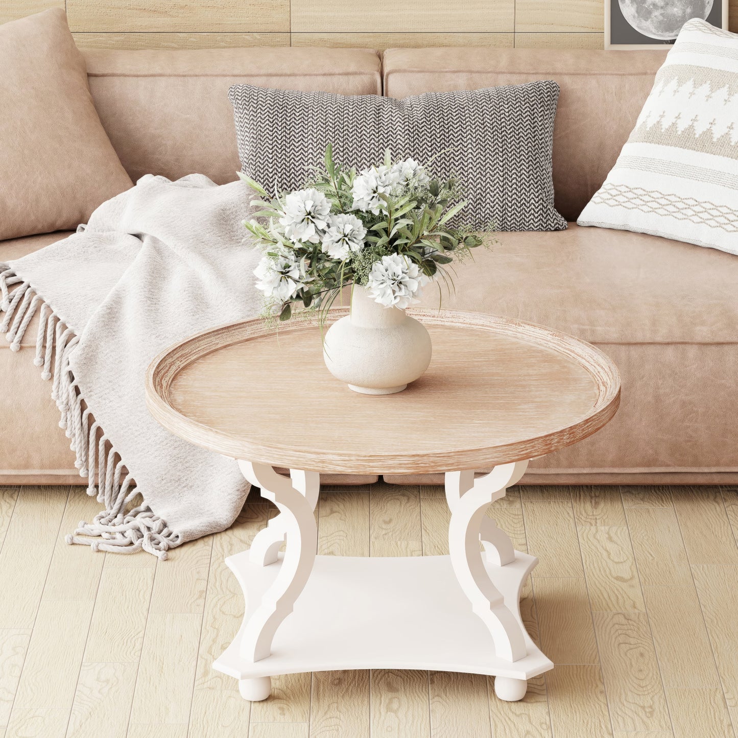 Rustic round Wood Coffee Table with Storage and Tray, White