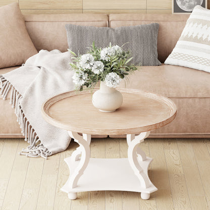 Rustic round Wood Coffee Table with Storage and Tray, White
