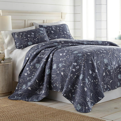Oversized Queen Size Quilt Bedding Set, All Season Lightweight Bedspread, Boho Coverlet Full Size, Floral Bedding 3-Piece Set with Two Matching Shams, Full/Queen, Blue