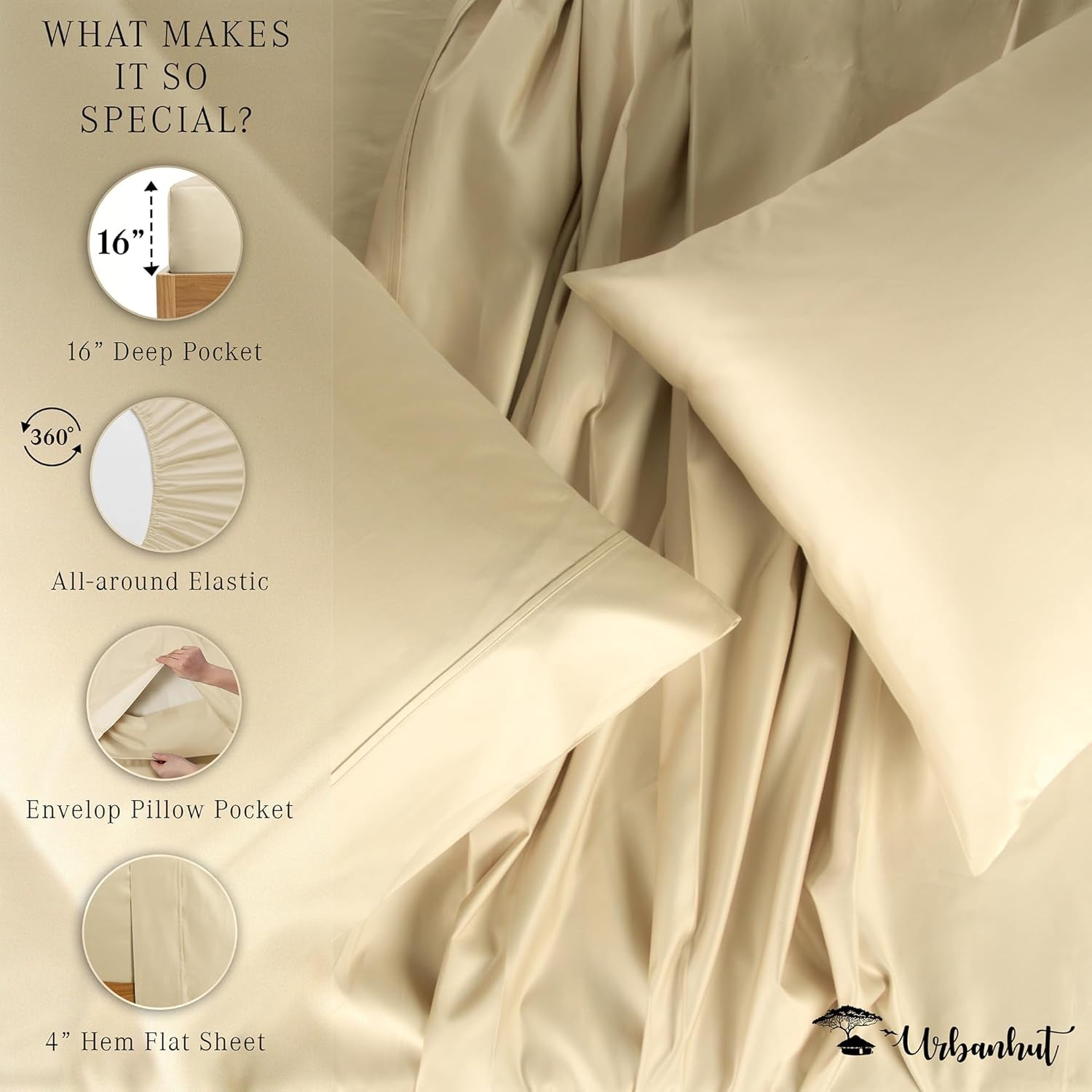 Twin Size Sheets 100% Pure Cotton, 1000 Thread Count 3 Pc Bed Sheet Sets, Soft & Breathable, Luxury Hotel Sheets Fits 16" Elasticized Deep Pocket, Sateen Weave, Solid, Sand