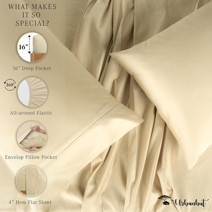 Twin Size Sheets 100% Pure Cotton, 1000 Thread Count 3 Pc Bed Sheet Sets, Soft & Breathable, Luxury Hotel Sheets Fits 16" Elasticized Deep Pocket, Sateen Weave, Solid, Sand
