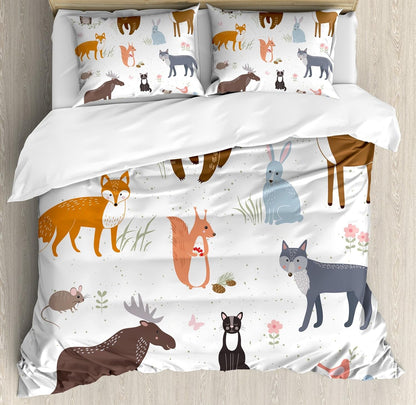 Cabin Duvet Cover Set, Animals in the Springtime Meadow Woodland Fauna Room, Decorative 3 Piece Bedding Set with 2 Pillow Shams, Queen Size, Brown White