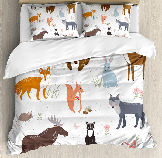 Cabin Duvet Cover Set, Animals in the Springtime Meadow Woodland Fauna Room, Decorative 3 Piece Bedding Set with 2 Pillow Shams, Queen Size, Brown White