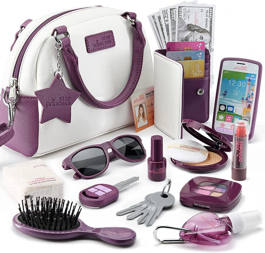 Play Purse for Girls and Toddlers - Realistic Purse and Complete Set of Pretend Play Accessories Including Toy Phone, Wallet, Credit Cards, Keys, Makeup for Role Playing Ages 3 4 5 6 7 8 Years and Up