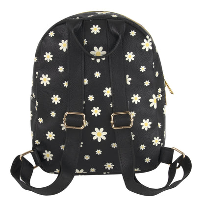 Mini Waterproof Vegan Leather Backpack for Women, Teens and Girls for Work, School, Recreation, Commuting & Traveling in Black Flowers