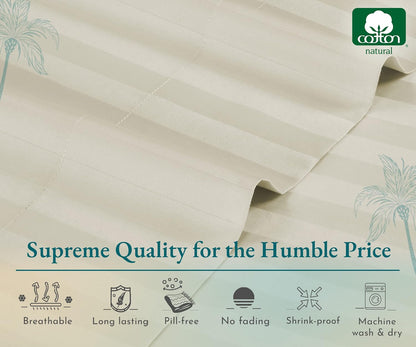 4 Piece King Size Sheet Set - 100% Cotton 500 Thread Count, Cooling Deep Pocket Bed Sheets with Fitted Elastic Sheet, Extra Soft Luxury Hotel Quality - Striped Ivory