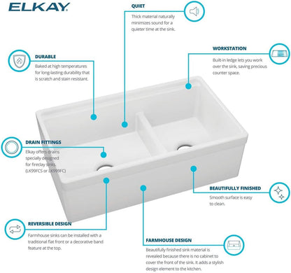 SWUF3320WH Fireclay 60/40 Double Bowl Farmhouse Sink with Aqua Divide, White