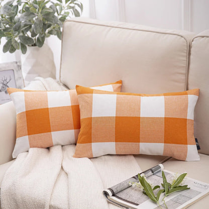 Buffalo Checker Plaid Farmhouse Summer Square Decorative Throw Pillow for Couch, 12" X 20", Orange/White, 2 Pack