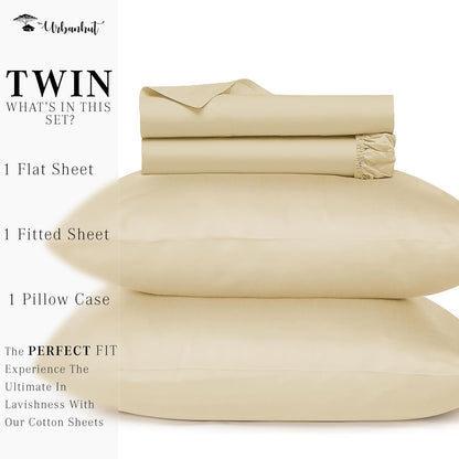 Twin Size Sheets 100% Pure Cotton, 1000 Thread Count 3 Pc Bed Sheet Sets, Soft & Breathable, Luxury Hotel Sheets Fits 16" Elasticized Deep Pocket, Sateen Weave, Solid, Sand