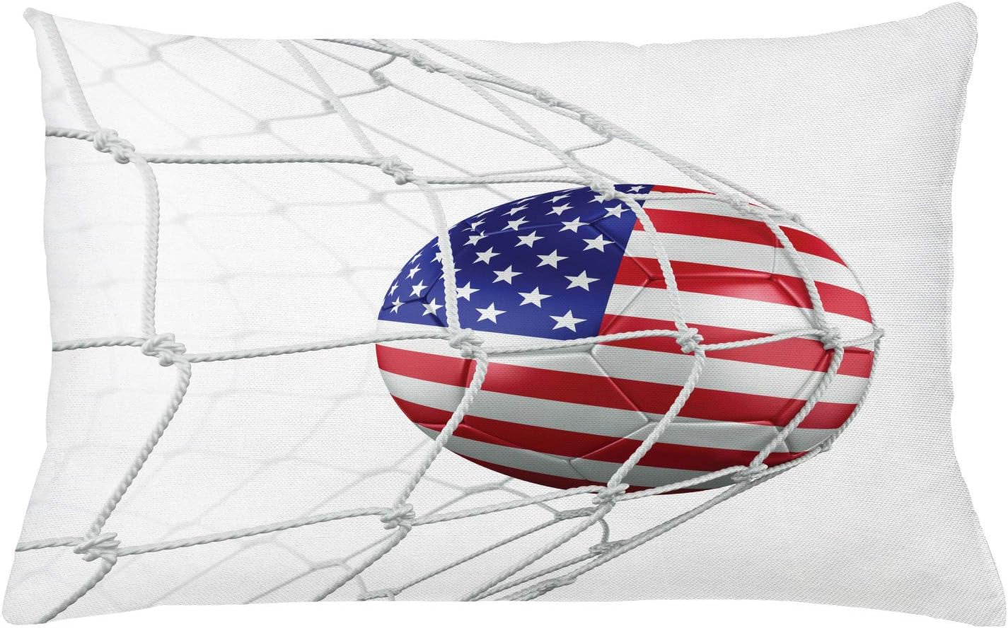 Sports Throw Pillow Cushion Cover, USA American Flag Printed on a Soccer Ball in a Net for Goal and Success Competition Art, Decorative Rectangle Accent Pillow Case, 26" X 16", Navy Blue