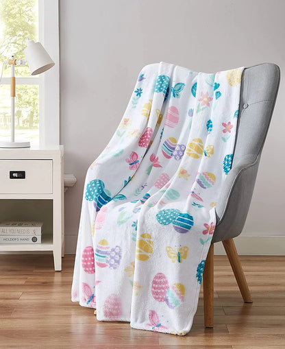 Easter Spring Flowers and Eggs Velvet Fleece Throw Blanket, 50" X 70"