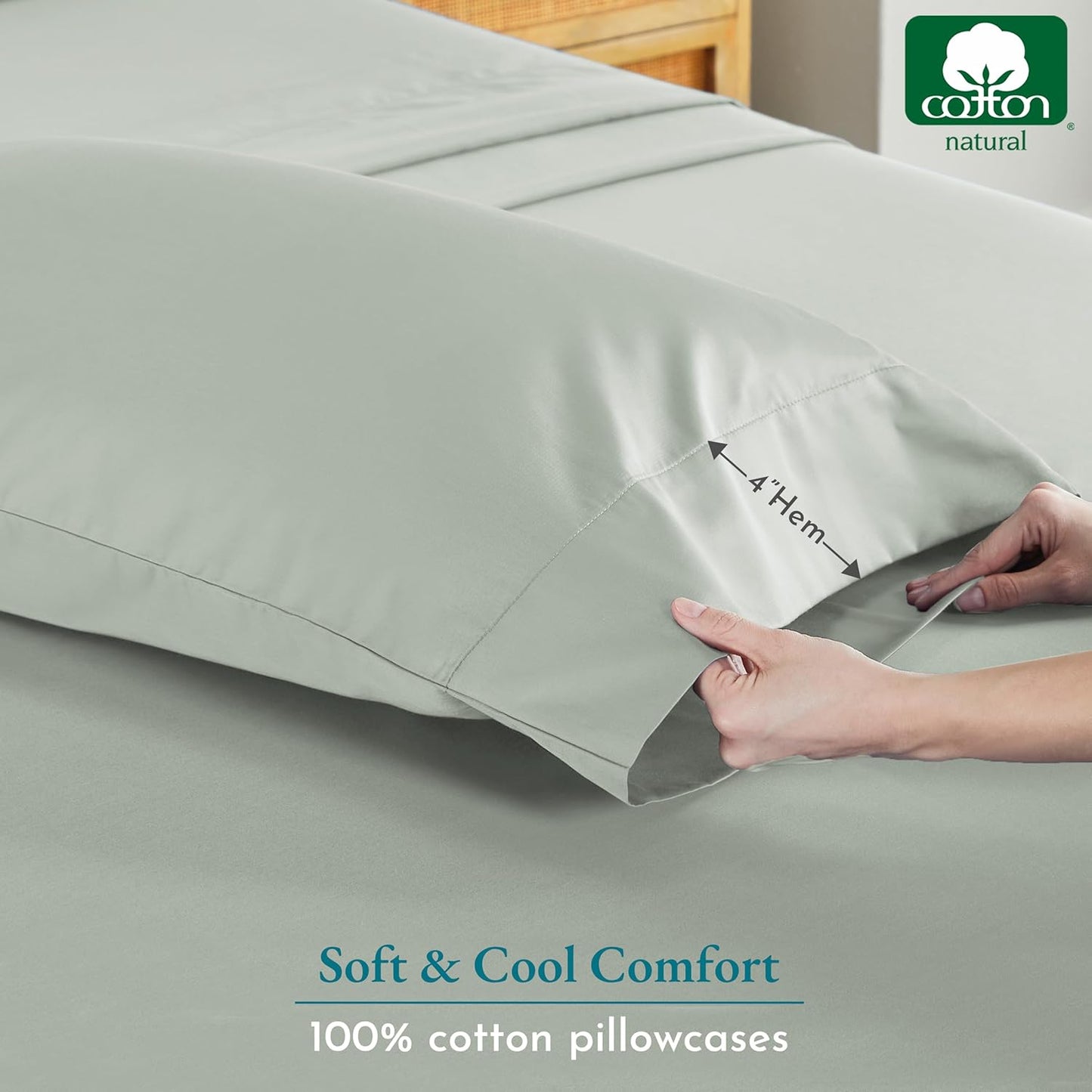Soft & Silky 500 Thread Count 100% Cotton Sateen, Cool & Smooth with a Classic Opening, Set of 2 King Pillow Cases (Solid - Silver Sage)