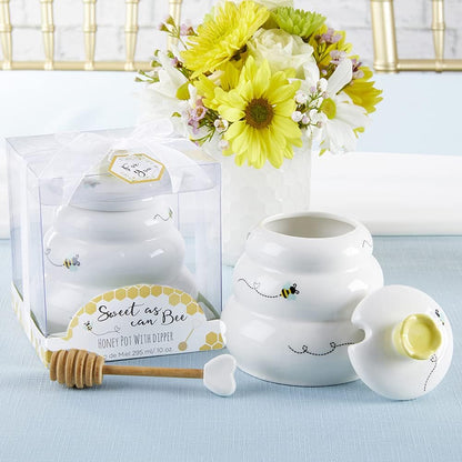 Sweet as Can Bee Ceramic Large Honey Pot with Wooden Honey Dipper (10 Oz), Kitchen Decor, Bumblebee Baby Shower Prize, Take Home Gift, Bee Decorations