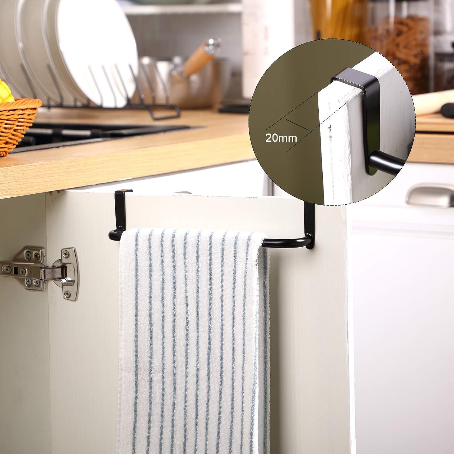 2 Pieces Metal Towel Bar Kitchen Cabinet Towel Rack Strong Steel Towel Bar Rack for Hanging on inside or outside of Doors, Home Kitchen Bathroom, Hand Towels, Dish Towels and Tea Towels (Black)