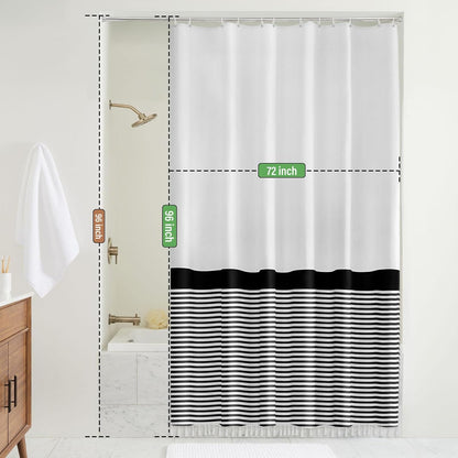 Farmhouse Shower Curtain Tassel，96 Inch Extra Long Black White Striped Bathroom Shower Curtain，72 X 96