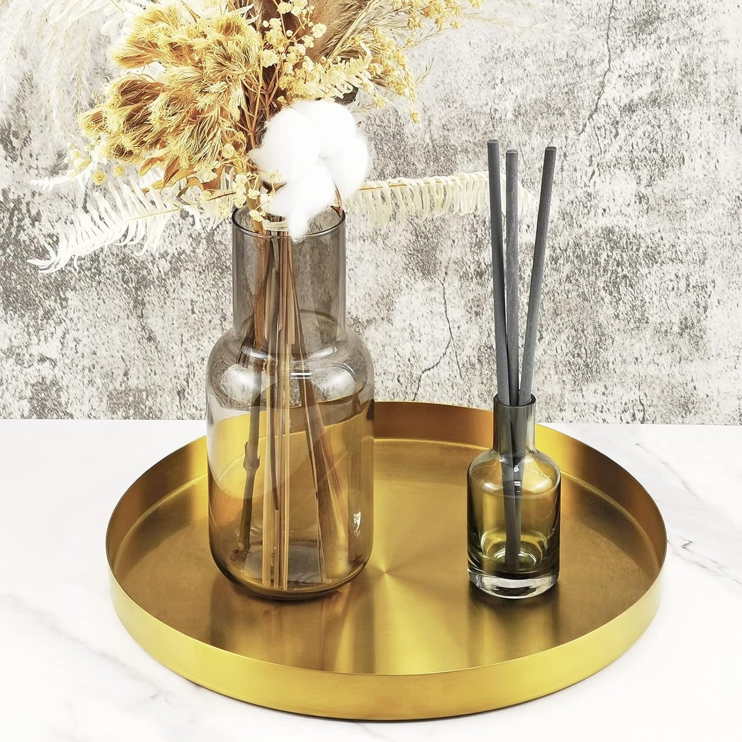 Metal round Decorative Tray, Perfume Jewelry Candle Organizer for Desk Vanity Countertop Bathroom Dresser Storage, Serving Platter for Kitchen Dinning Coffee Table, Brass Gold, 12 Inch