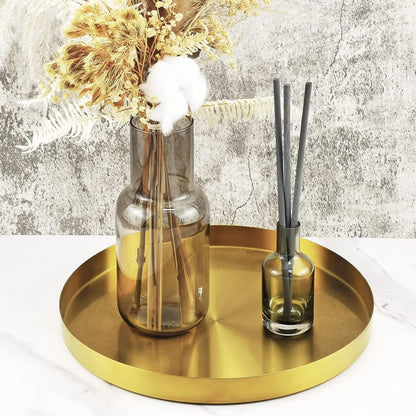 Metal round Decorative Tray, Perfume Jewelry Candle Organizer for Desk Vanity Countertop Bathroom Dresser Storage, Serving Platter for Kitchen Dinning Coffee Table, Brass Gold, 12 Inch