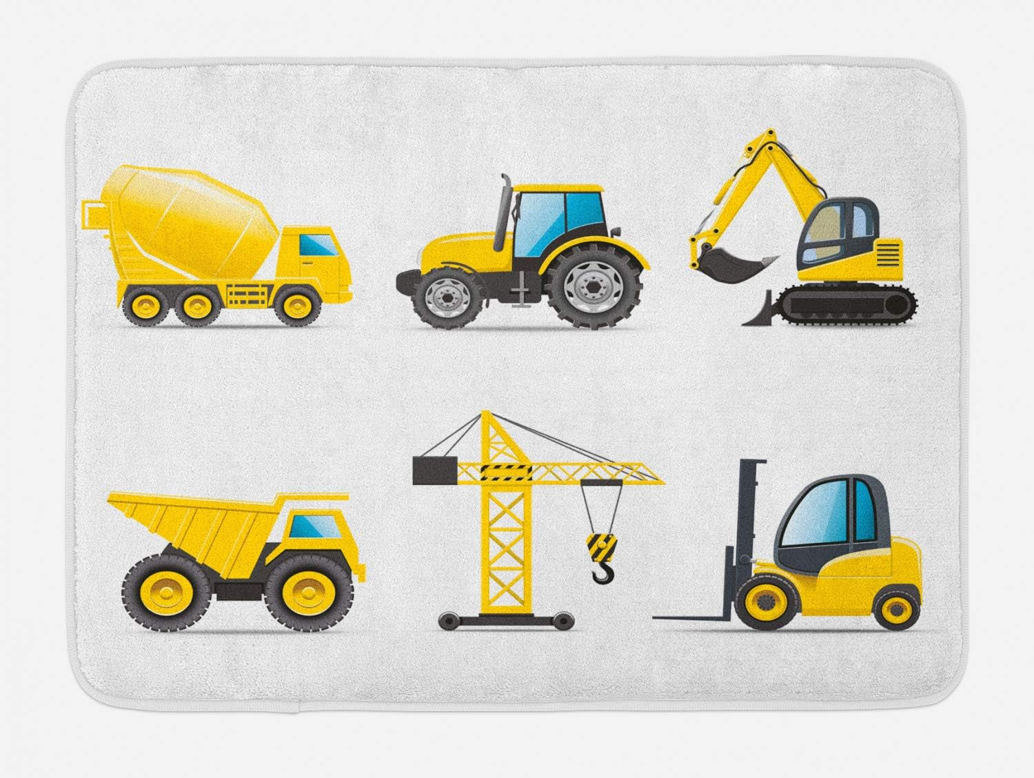 Cartoon Bath Mat, Style Heavy Machinery Truck Crane Digger Mixer Tractor Construction, Plush Bathroom Decor Mat with Non Slip Backing, 30.2" X 20", Yellow and Grey