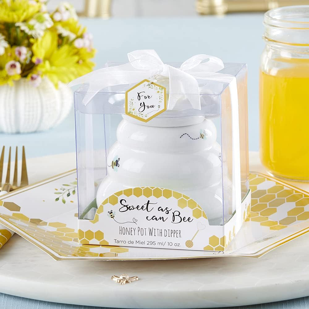 Sweet as Can Bee Ceramic Large Honey Pot with Wooden Honey Dipper (10 Oz), Kitchen Decor, Bumblebee Baby Shower Prize, Take Home Gift, Bee Decorations