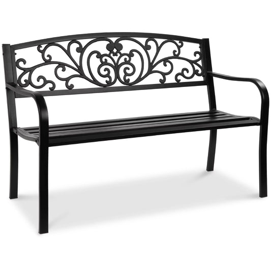 Outdoor Steel Bench Garden Patio Porch Furniture W/ Floral Design Backrest - Black