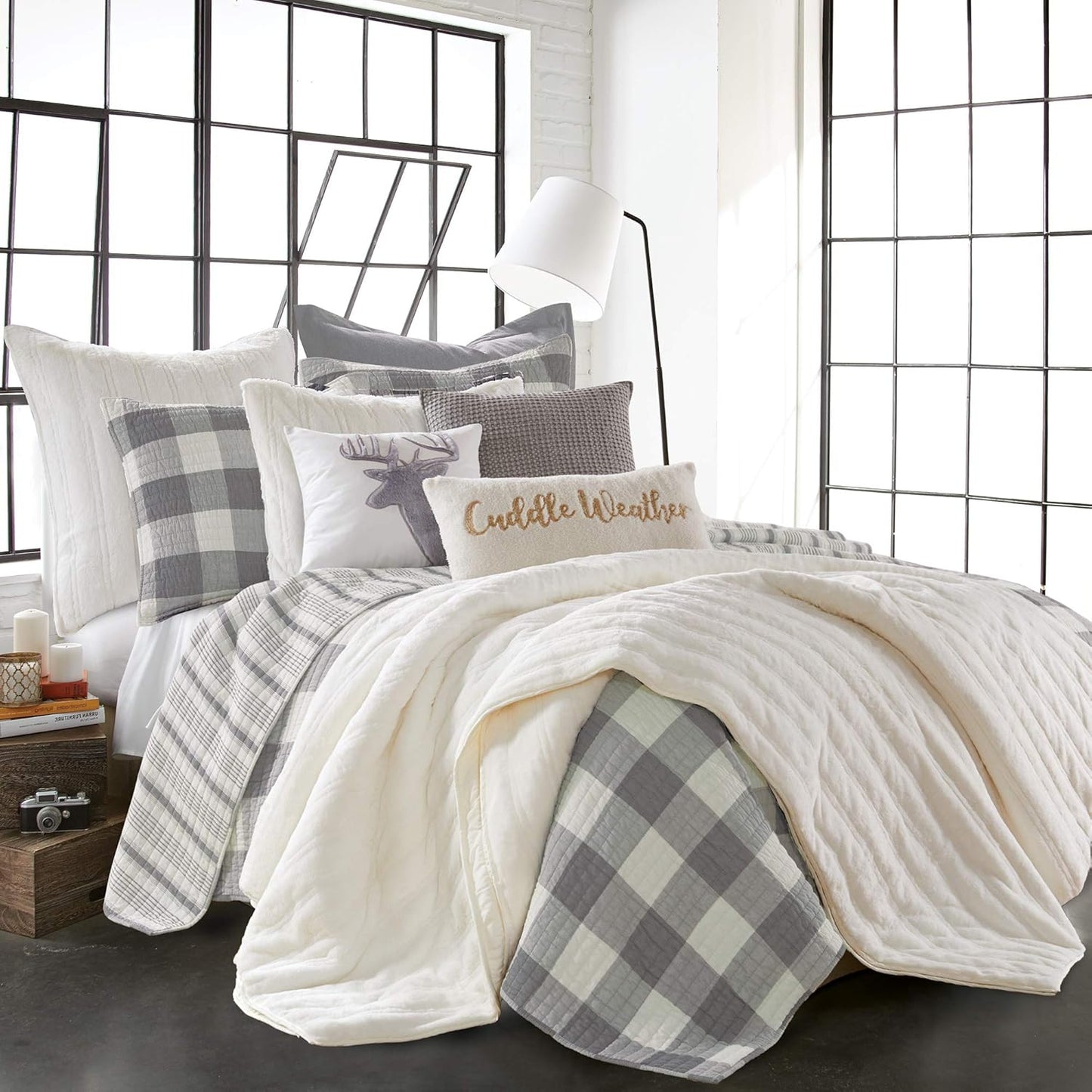 - Camden Quilt Set -Twin Quilt + One Standard Pillow Sham - Buffalo Check in Grey and Cream - Quilt Size (68 X 86 In.) and Pillow Sham Size (26 X 20 In.) - Reversible Pattern - Cotton
