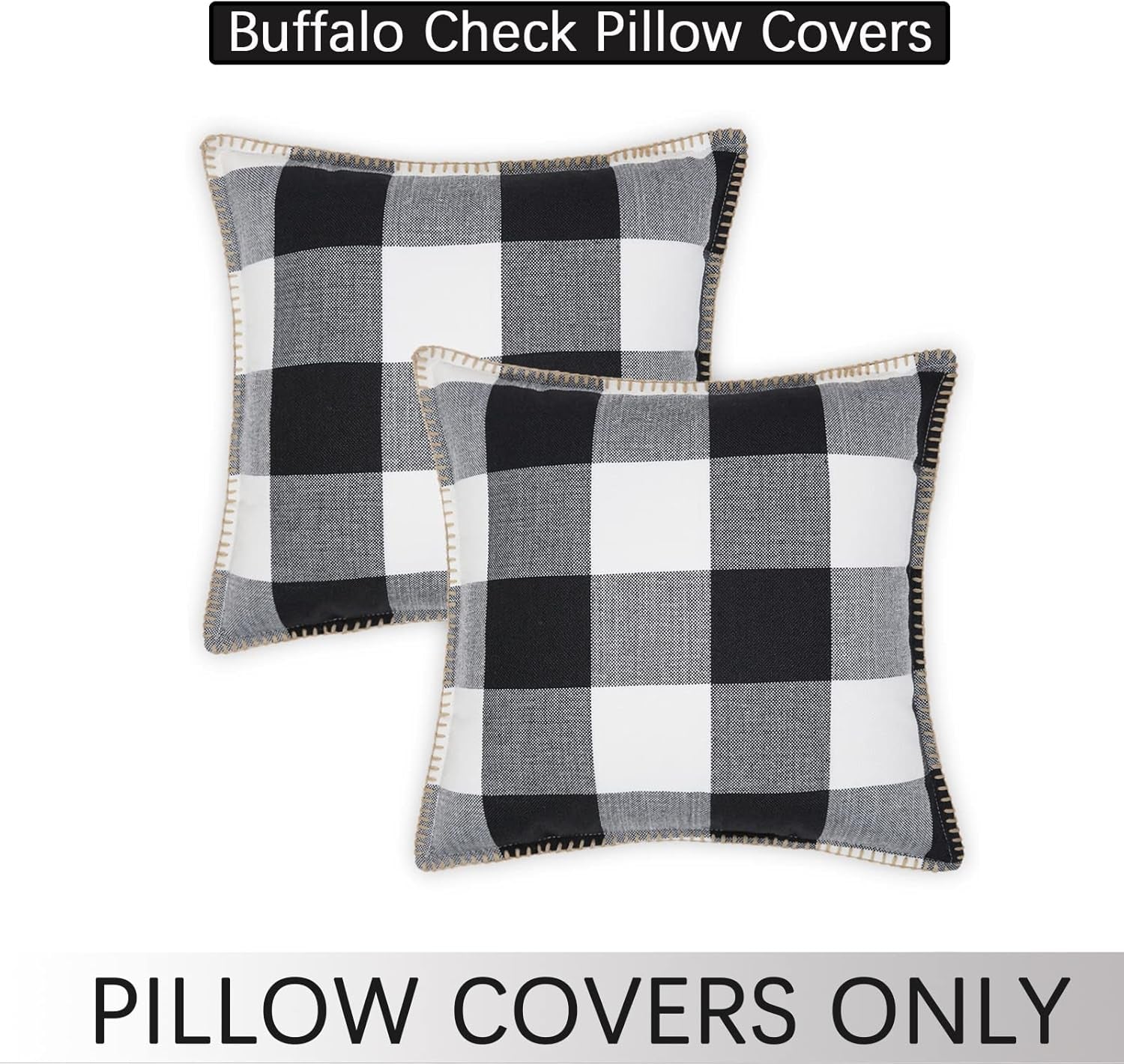 Buffalo Plaid Check Spring Throw Pillow Covers 20X20 Set of 2, Outdoor Decorative Farmhouse Pillow Covers with Stitched Edge for Bed Couch Sofa, Black and White