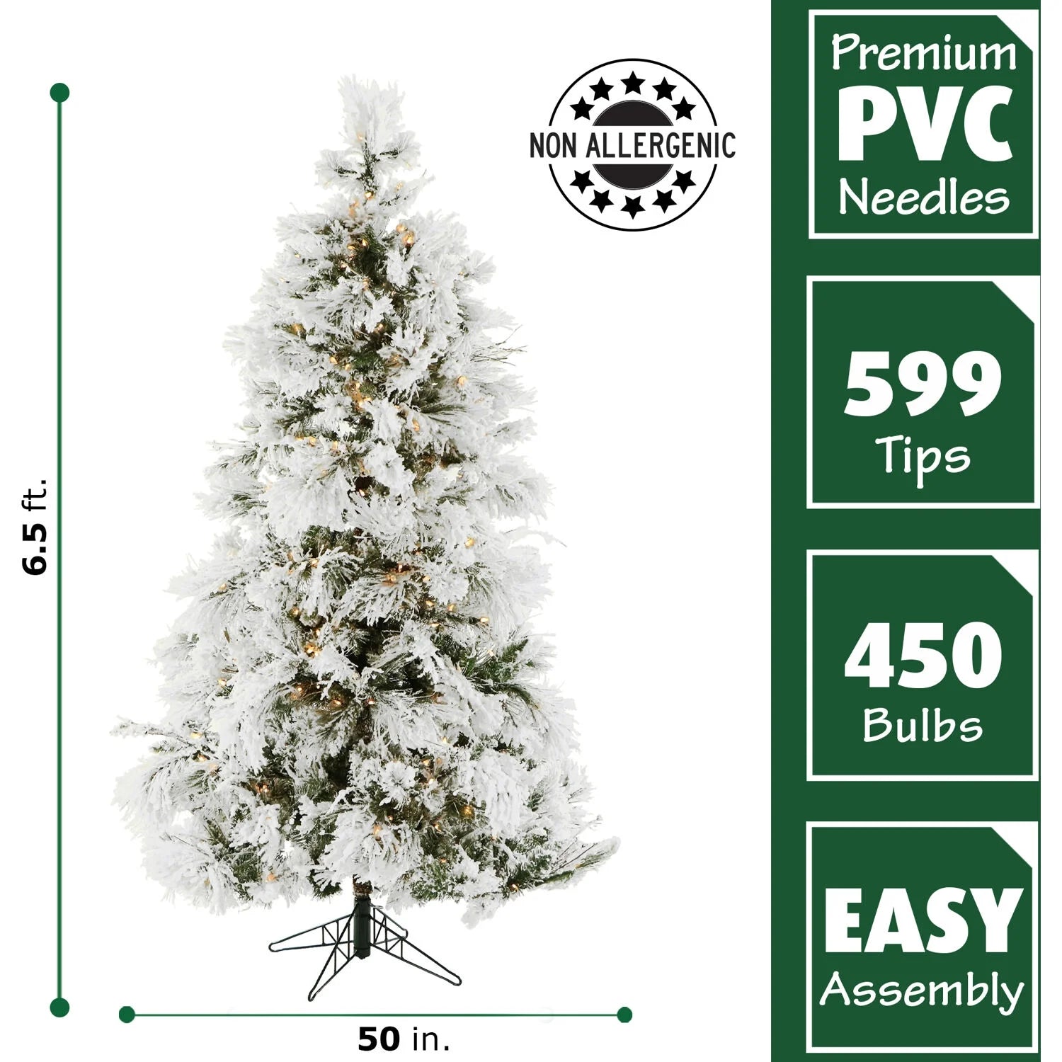 6.5' Pre-Lit Flocked Snowy Pine Artificial Christmas Tree, 450 Warm White LED Lights