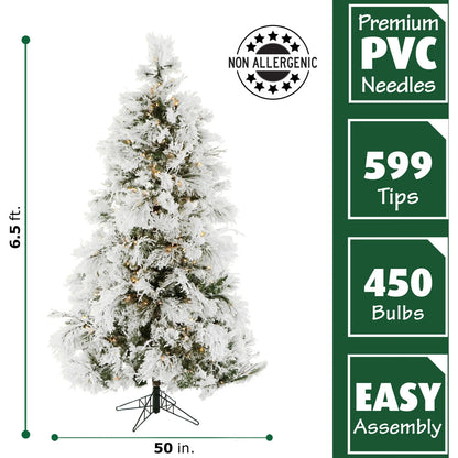 6.5' Pre-Lit Flocked Snowy Pine Artificial Christmas Tree, 450 Warm White LED Lights