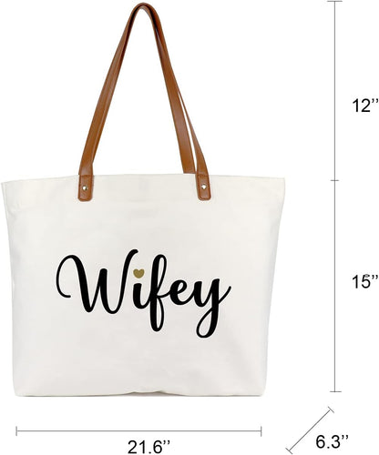 Wifey Tote Bag with Makeup Bag, Gifts for Engagement/Bridal Shower/Bachelorette/Wedding Party Canvas White