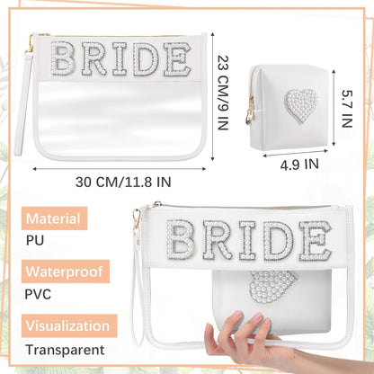 2 Pcs Bride Bag Makeup Bag Bride Gift Cosmetic Bag Pearl Letter Bags Portable PU Leather Mrs Clear Waterproof Bling Travel Purse Zipper Pouch Handy Coin Purses for Women(Bride)