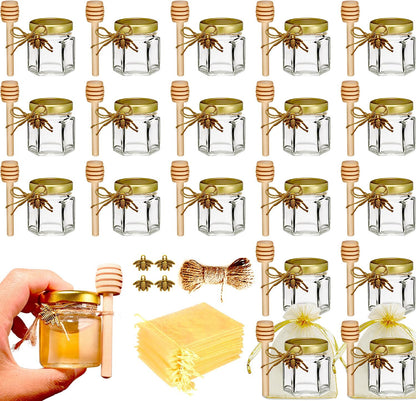 20 Pack Mini Honey Jars with Dipper - Mini Honey Jars for Baby Showers & Wedding Gifts - Gold Lids, Bee Pendants, Jutes and Gift Bags