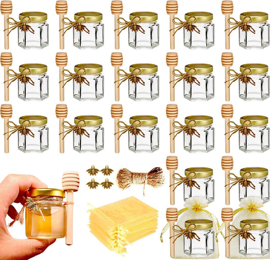 20 Pack Mini Honey Jars with Dipper - Mini Honey Jars for Baby Showers & Wedding Gifts - Gold Lids, Bee Pendants, Jutes and Gift Bags