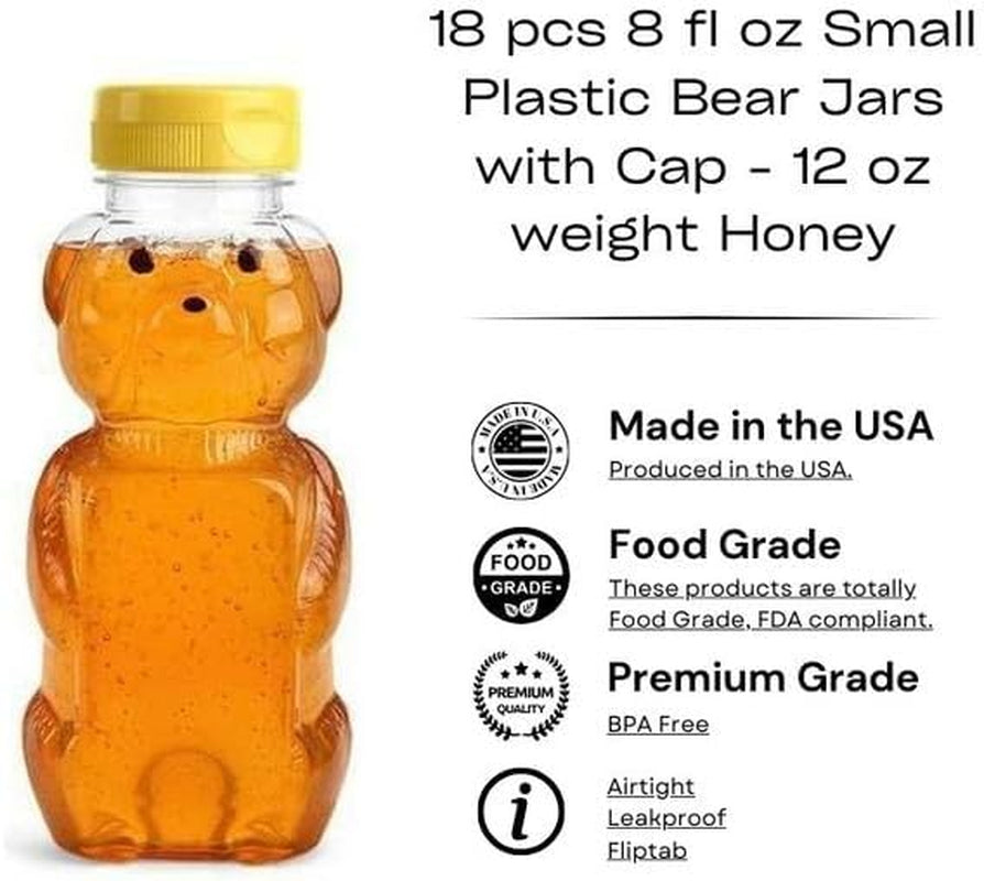 18 Pack 8 Fl Oz Plastic PET Honey Bear Jars, Squeeze Bottles with Yellow Flip-Top Dispenser Caps W/Seals - Holds 12 Oz Honey by Weight - BPA Free, Refillable and Made in USA