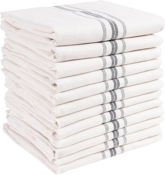 Classic Farmhouse Stripe Kitchen Towels, Pure Cotton Dish Towels, Towel Dish Cloths for Cooking, Cleaning, and Dining, Set of 12, Charcoal
