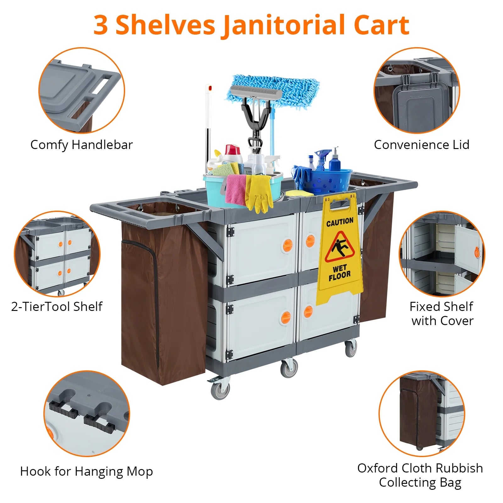 Commercial Janitorial Cart with Cabinet, Hotel Cart Housekeeping Room Service Cart Hand Push Utility Cart
