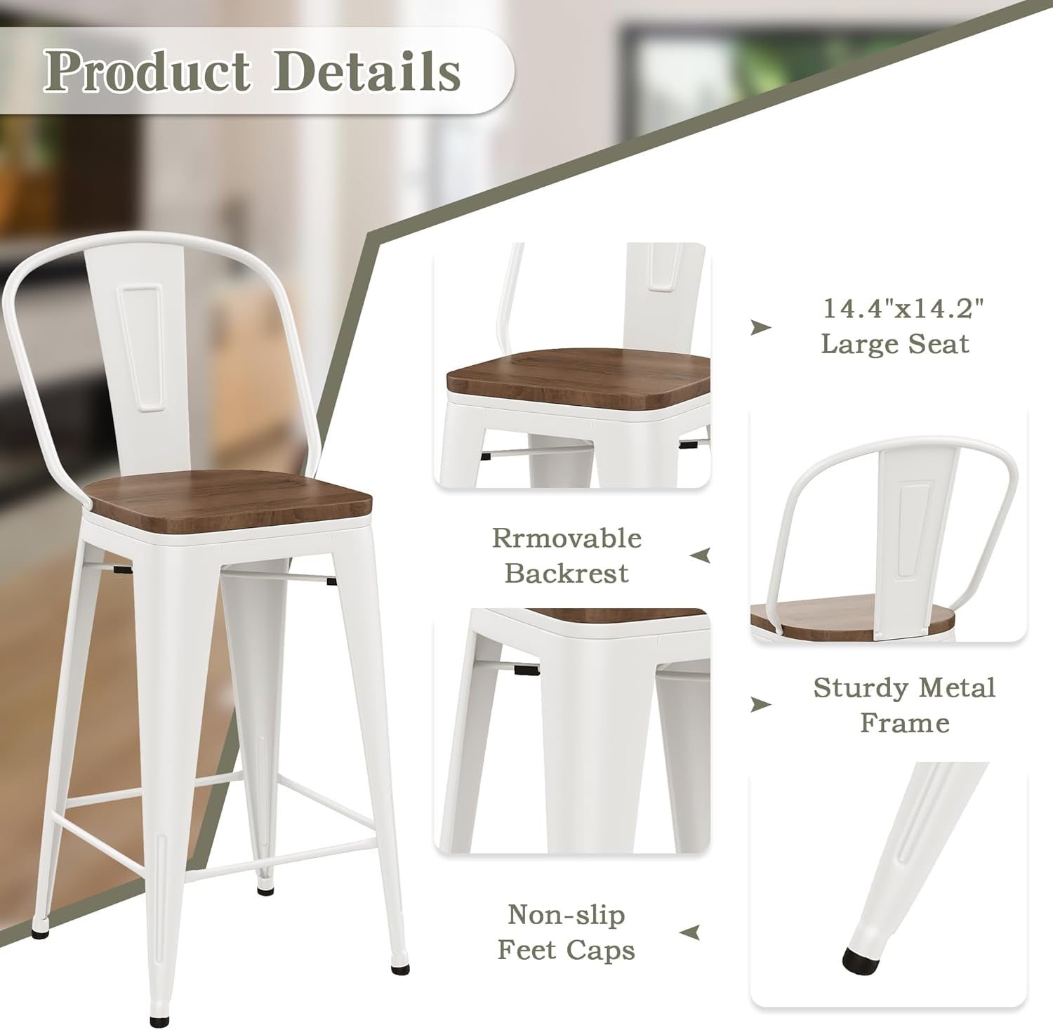 26 Inch Metal Bar Stools Set of 4 Farmhouse Kitchen Island Counter Height Bar Chairs High Back Barstools with Large Wooden Seat Cream White