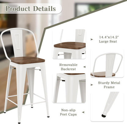 26 Inch Metal Bar Stools Set of 4 Farmhouse Kitchen Island Counter Height Bar Chairs High Back Barstools with Large Wooden Seat Cream White