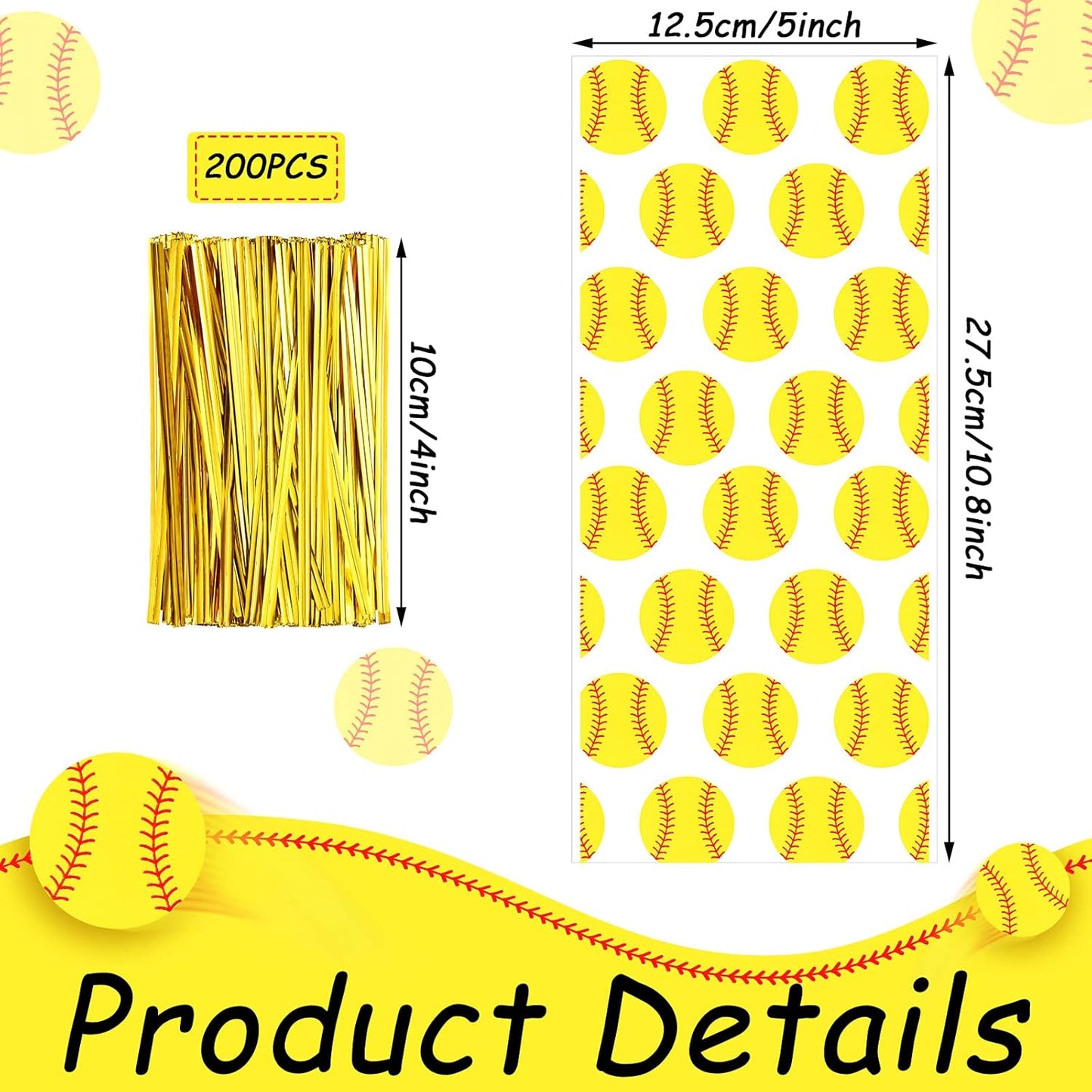 100 Pieces Softball Party Cello Bags Cellophane Softball Treat Bags with 200 Gold Twist Ties for Birthday Party Supplies Favors Cookie Candy Goody Gift Treat