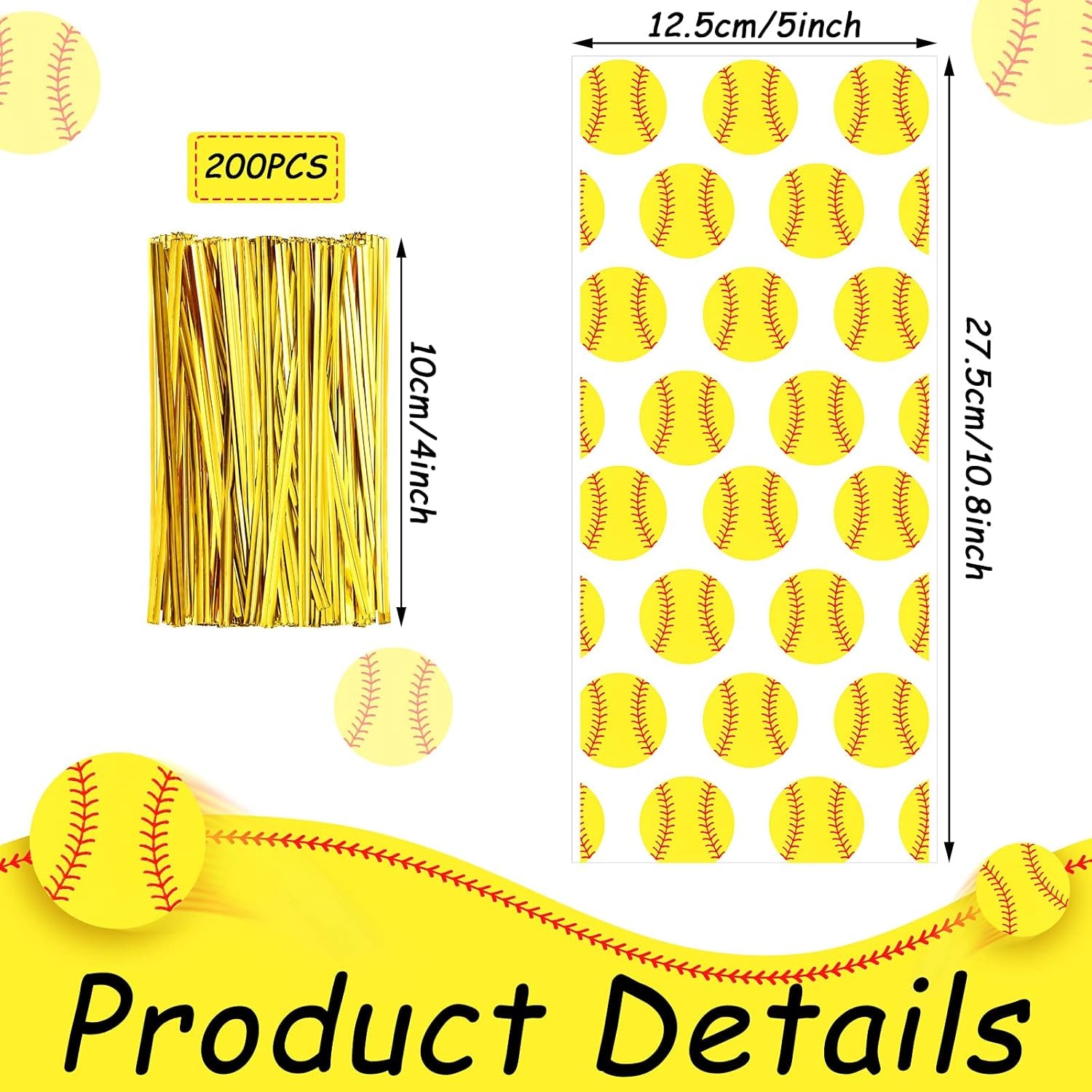 100 Pieces Softball Party Cello Bags Cellophane Softball Treat Bags with 200 Gold Twist Ties for Birthday Party Supplies Favors Cookie Candy Goody Gift Treat