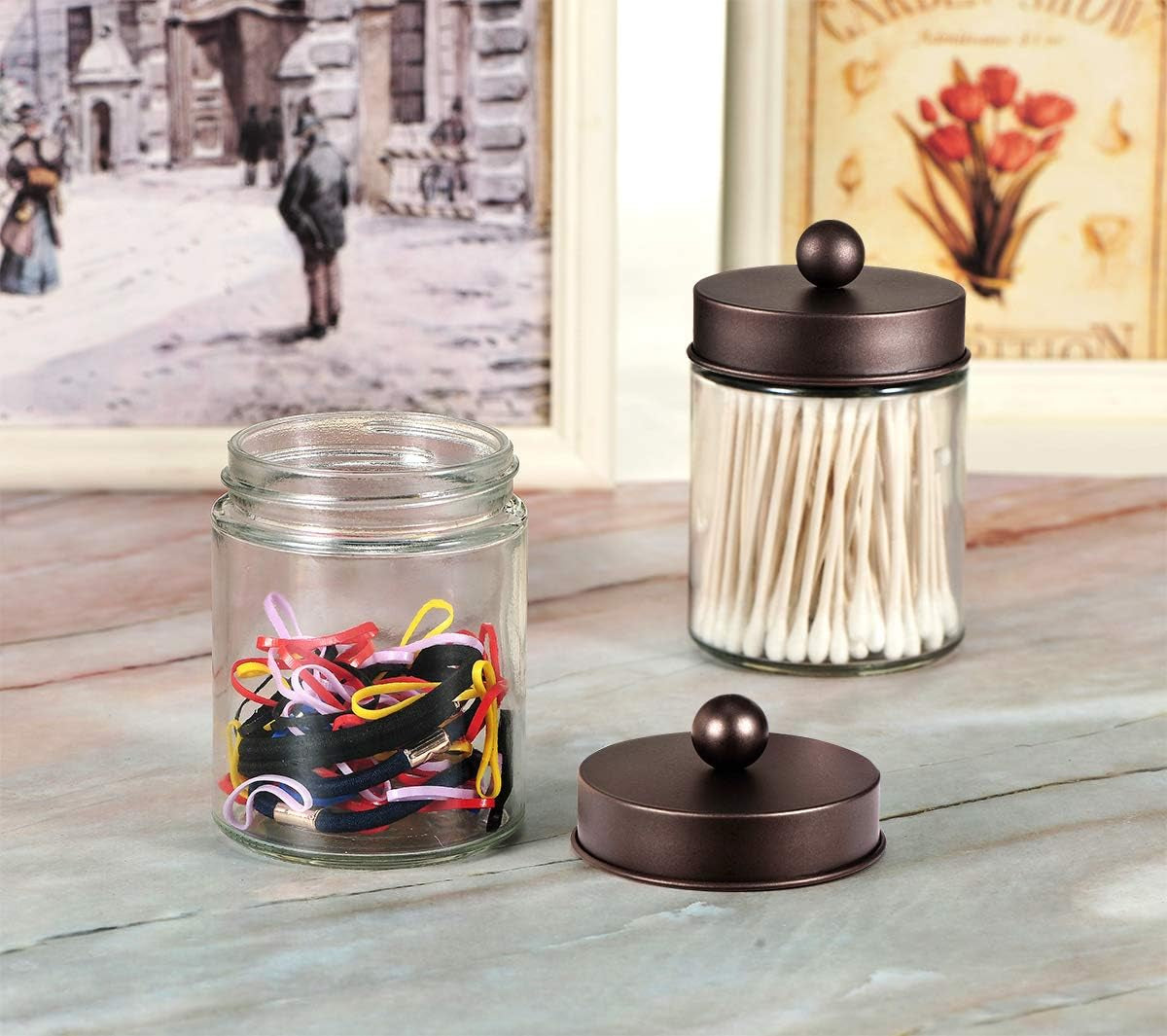4Pc Apothecary Jars Bathroom Vanity Storage Organizer Set -Countertop Canister with Stainless Steel Lids &Cute Stickers - Qtip Dispenser Holder for Qtips,Cotton Swabs,Makeup Sponges (Bronze)