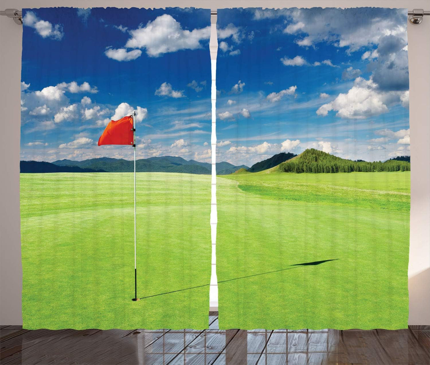 Sports Curtains, Golf Field Flag in the Hole Clouds Sky Summertime Golfing Landscape, Living Room Bedroom Window Drapes 2 Panel Set, 108" X 90", Green Blue