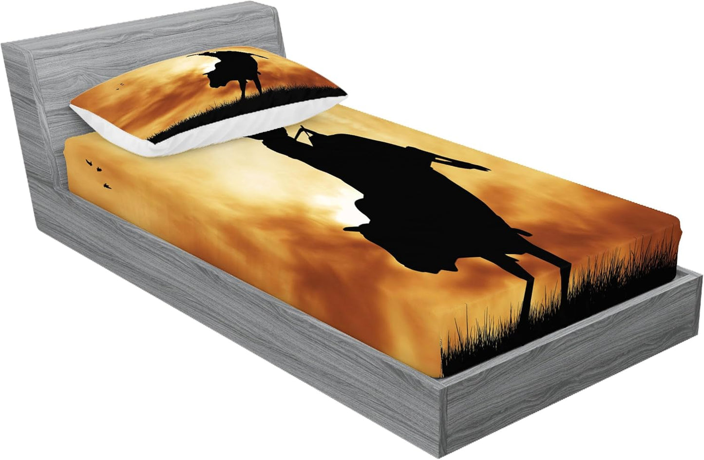 Western Fitted Sheet & Pillow Sham Set, Bull Rider Silhouette at Sunset Dramatic Sky Rural Countryside Landscape Rodeo, Decorative Printed 2 Piece Bedding Decor Set, Twin, Amber Black