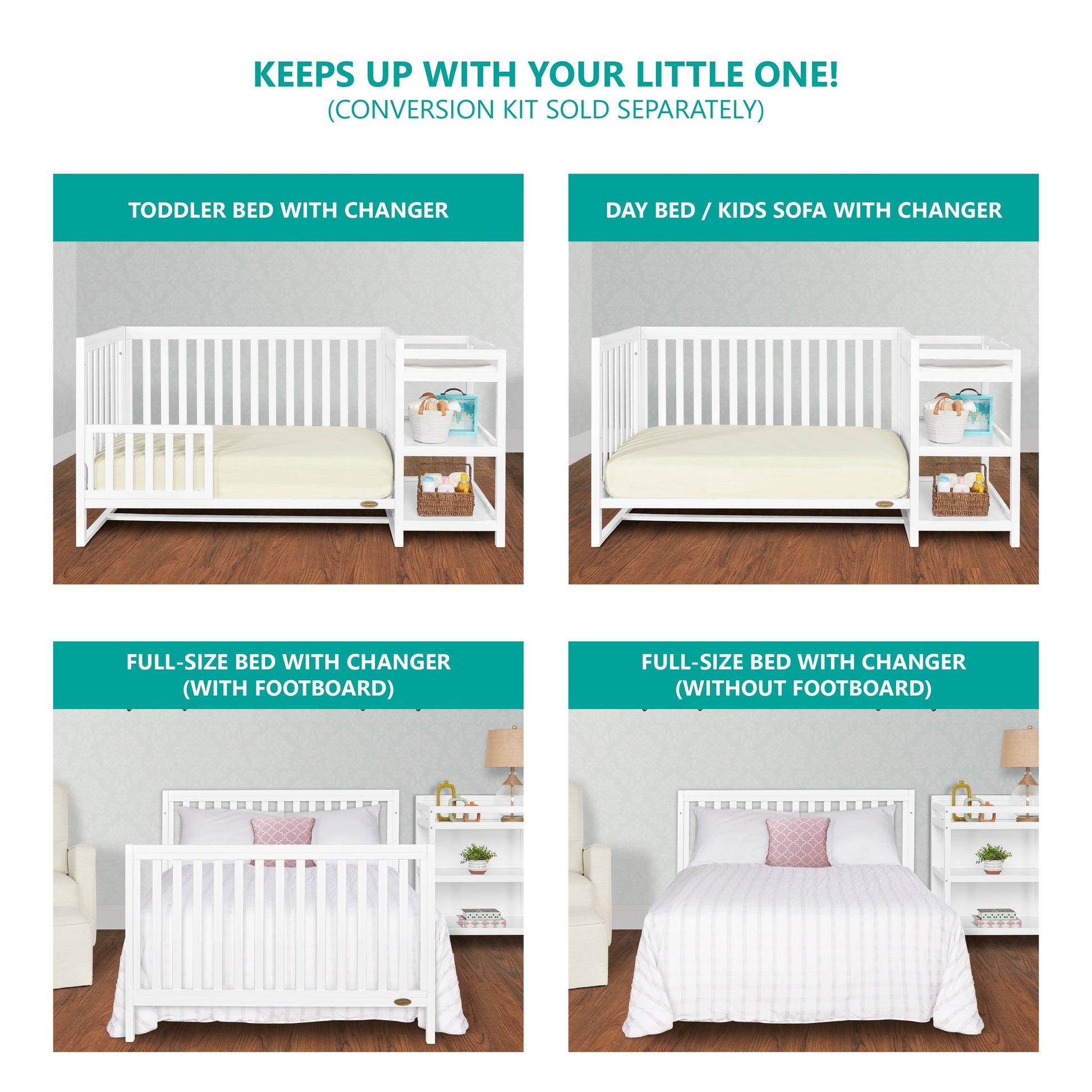 Milo 5 in 1 Convertible Crib and Changing Table with Free Changing Pad in White