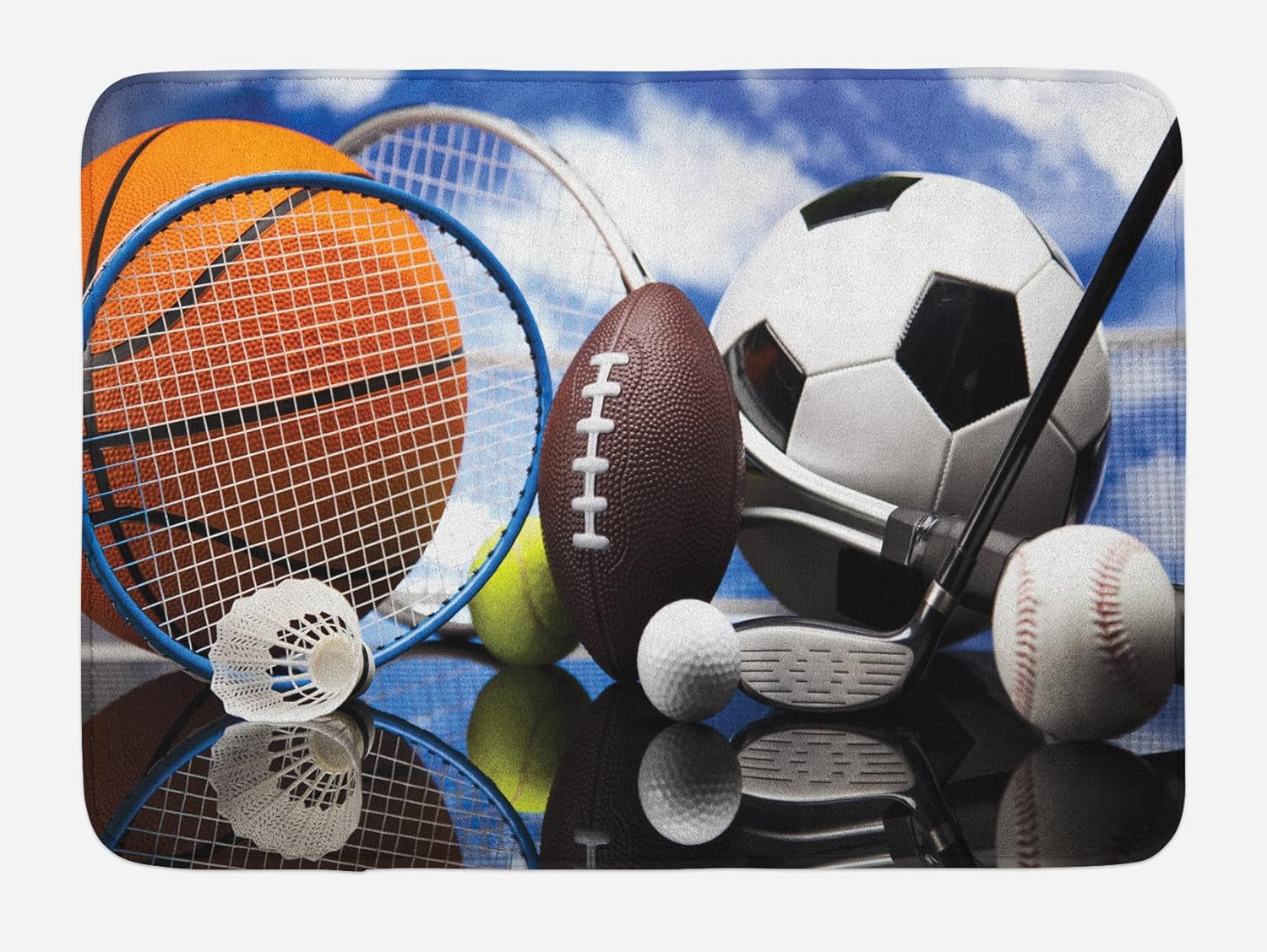 Sports Bath Mat, Sports Equipment Football Soccer Darts Ice Hockey Baseball Basketball Theme, Plush Bathroom Decor Mat with Non Slip Backing, 30.2" X 20", Black Orange Blue