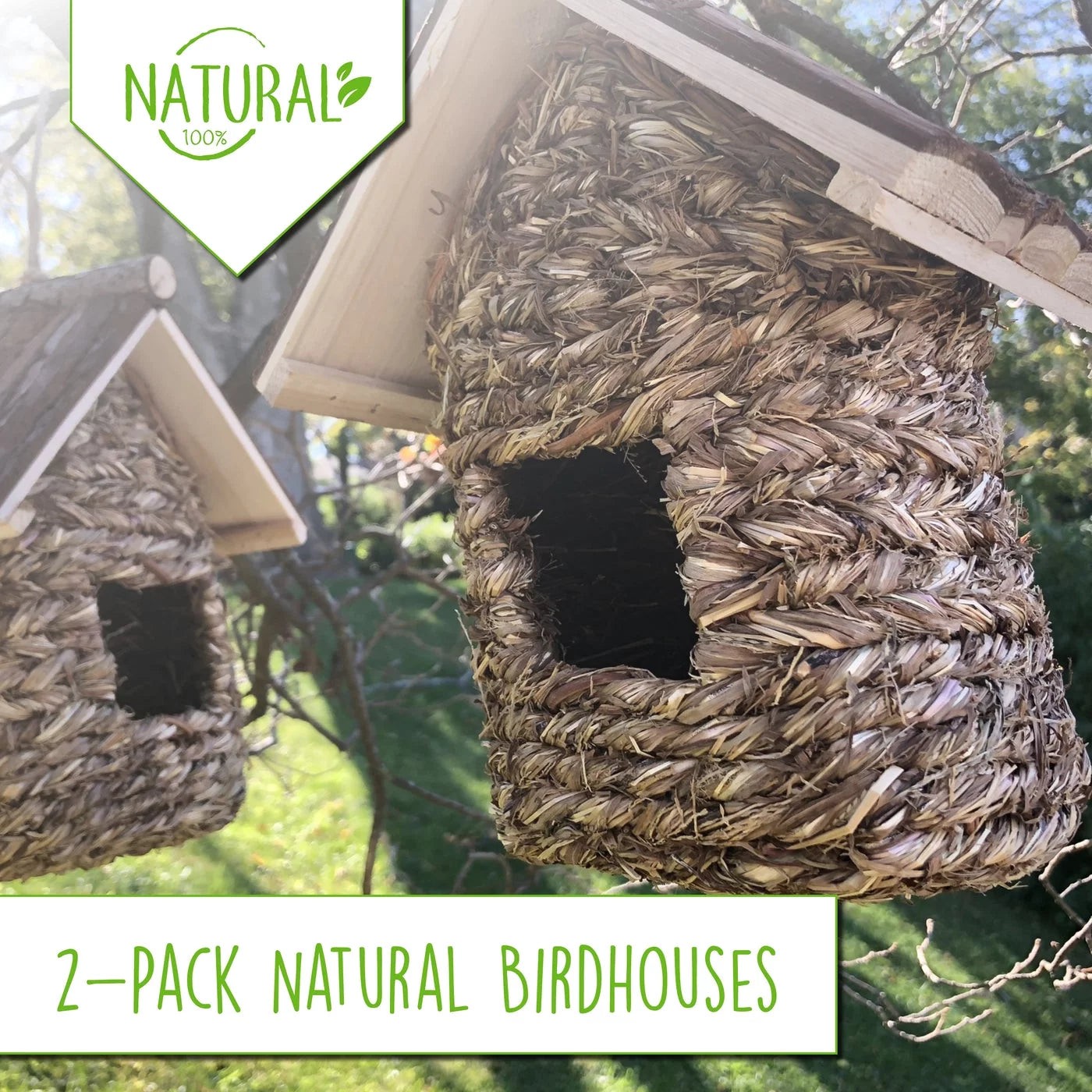 2 Pack of Songbird House Natural Bird Huts Outdoor, Grass Woven Bird Nest, Set of 2