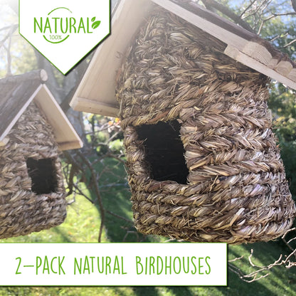 2 Pack of Songbird House Natural Bird Huts Outdoor, Grass Woven Bird Nest, Set of 2