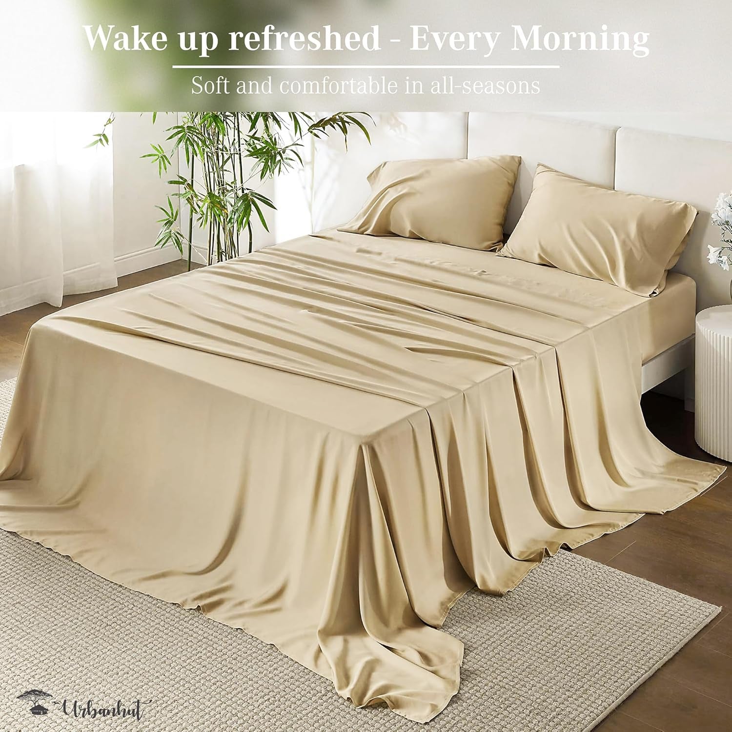 Twin Size Sheets 100% Pure Cotton, 1000 Thread Count 3 Pc Bed Sheet Sets, Soft & Breathable, Luxury Hotel Sheets Fits 16" Elasticized Deep Pocket, Sateen Weave, Solid, Sand